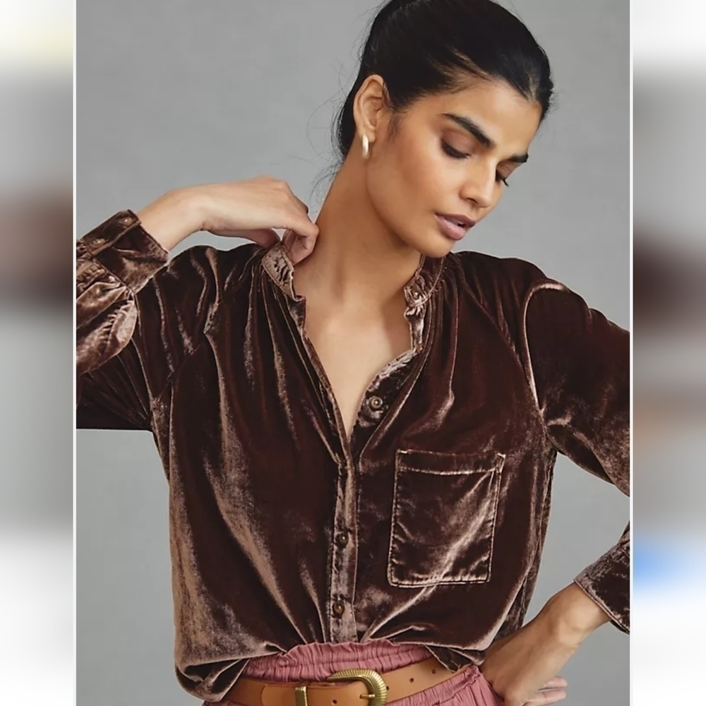 Anthropologie PILCRO Velvet Top Blouse XS Silver Gray